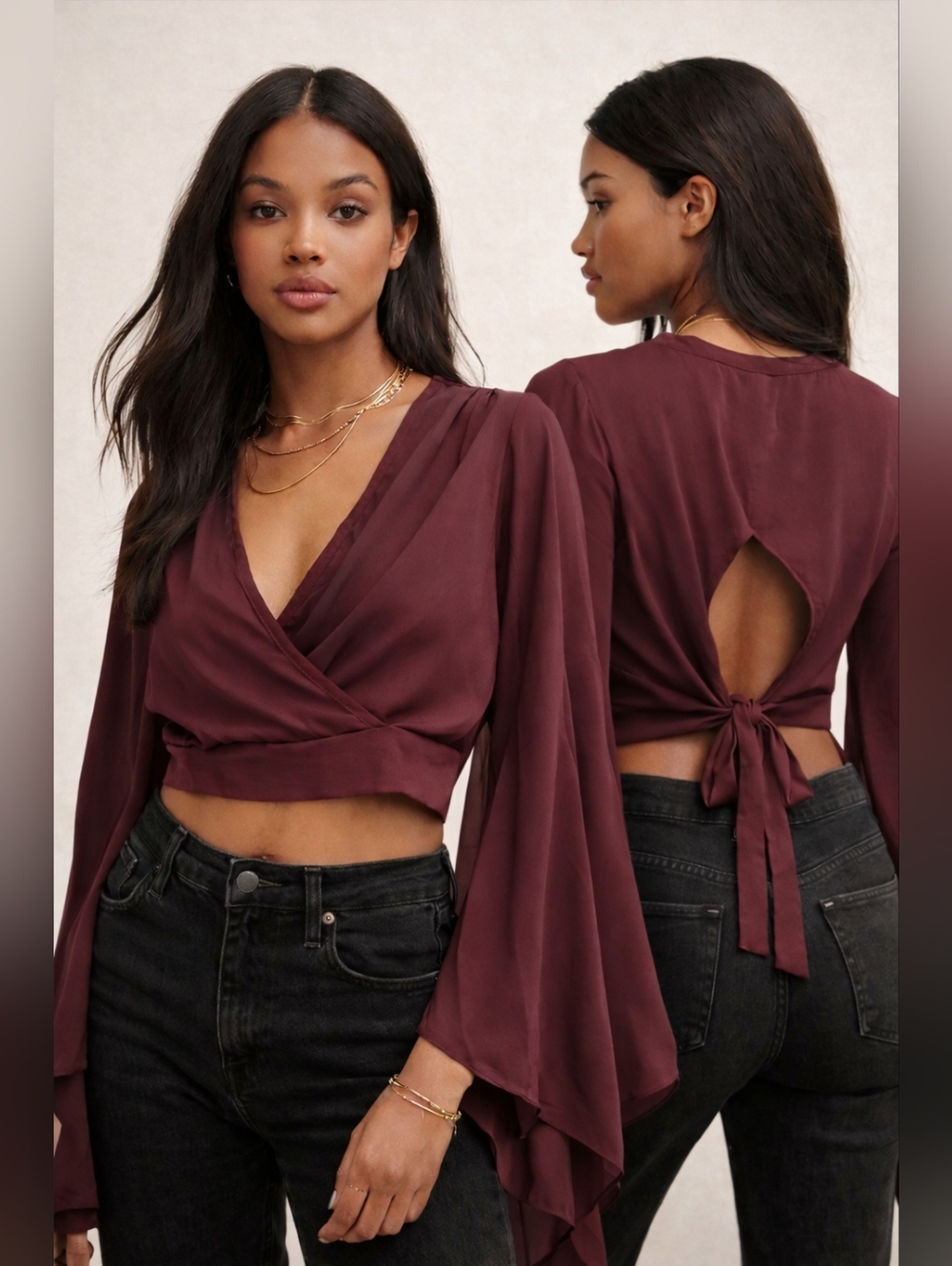 New Rag Therapy Burgundy Wrap Crop Top Open Back Tie Bell Sleeve USA Semi Sheer